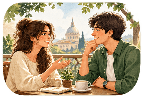 Two people talking over tea at a café table.