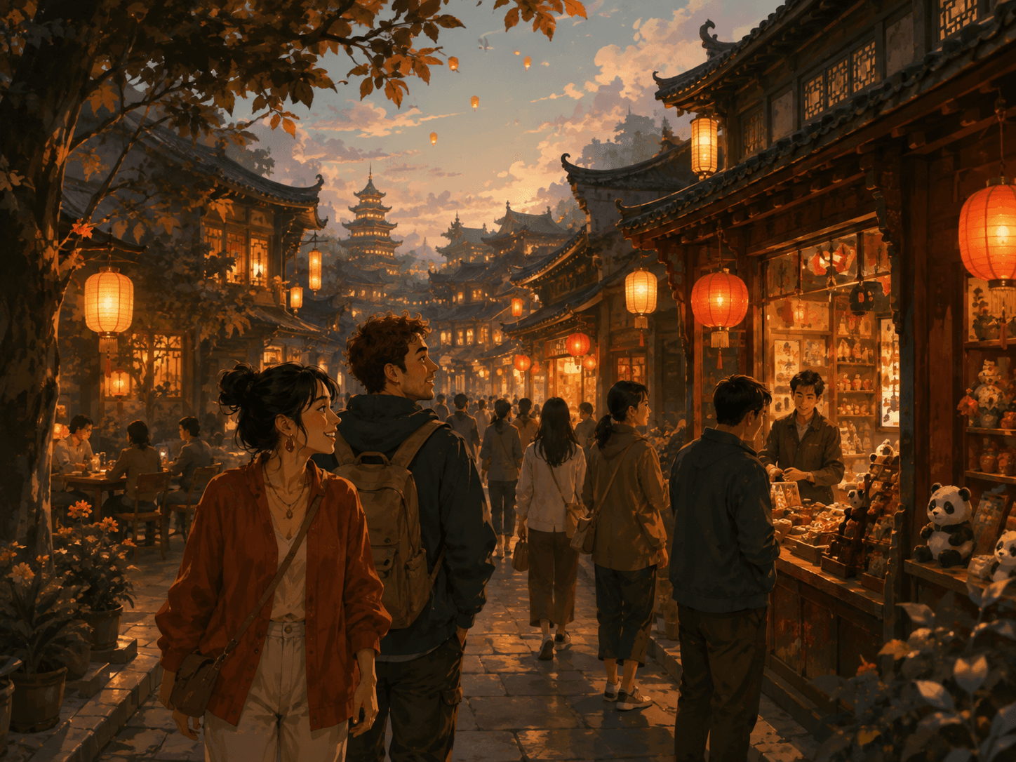 A lantern-lit street in an illustrative Chinese story.