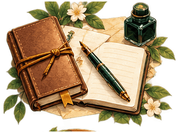 A bound journal, open notebook, and fountain pen ready for writing.