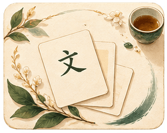 Illustrated language study card with a Chinese character, tea, and paper cards.