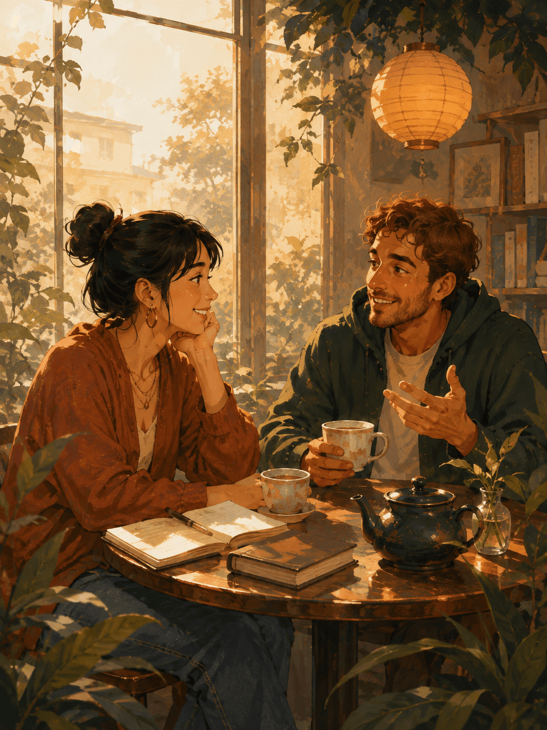 Illustrated café conversation with three people around a table.