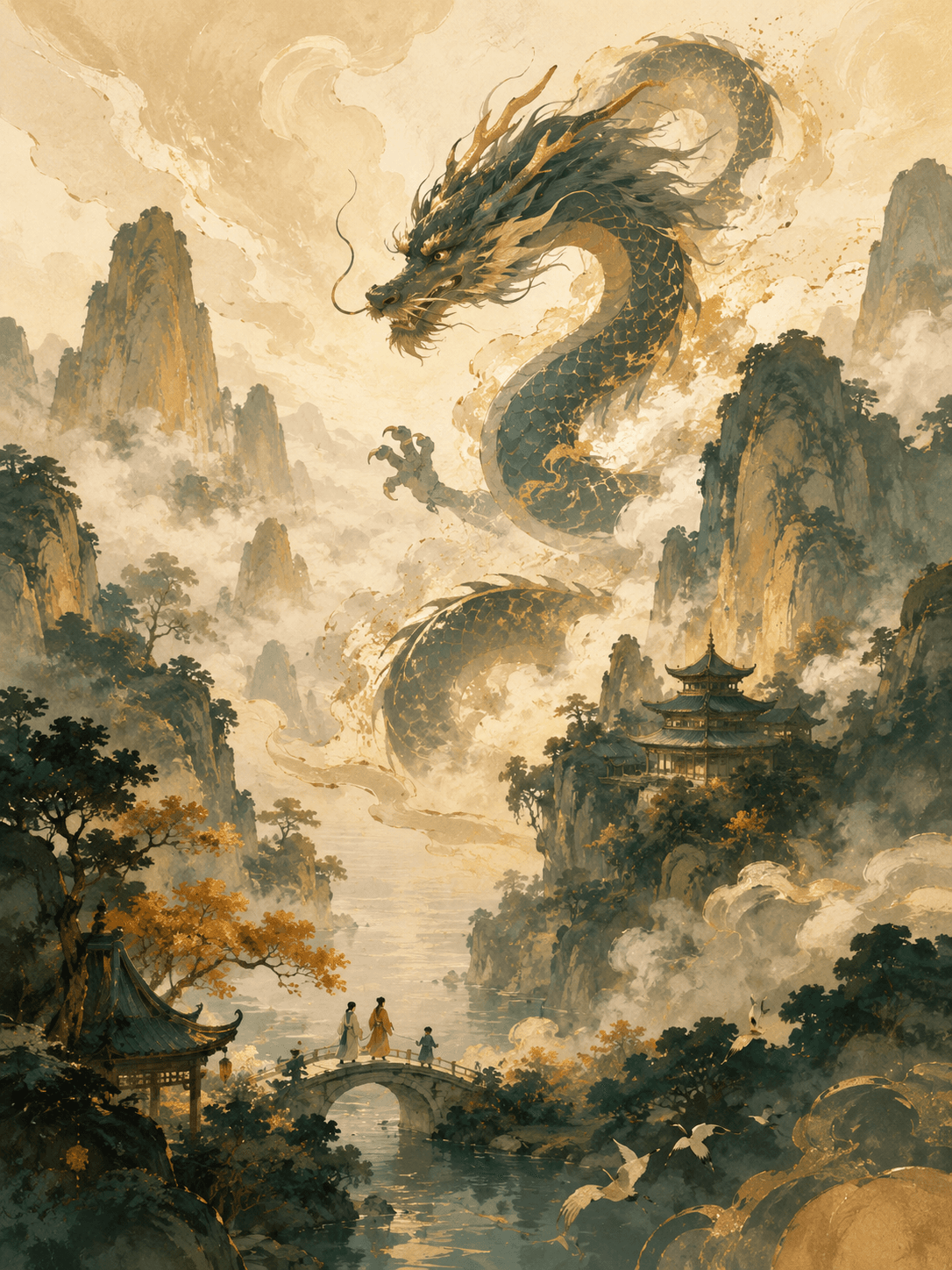 Ink-and-gold illustration of a dragon above a mountain village.