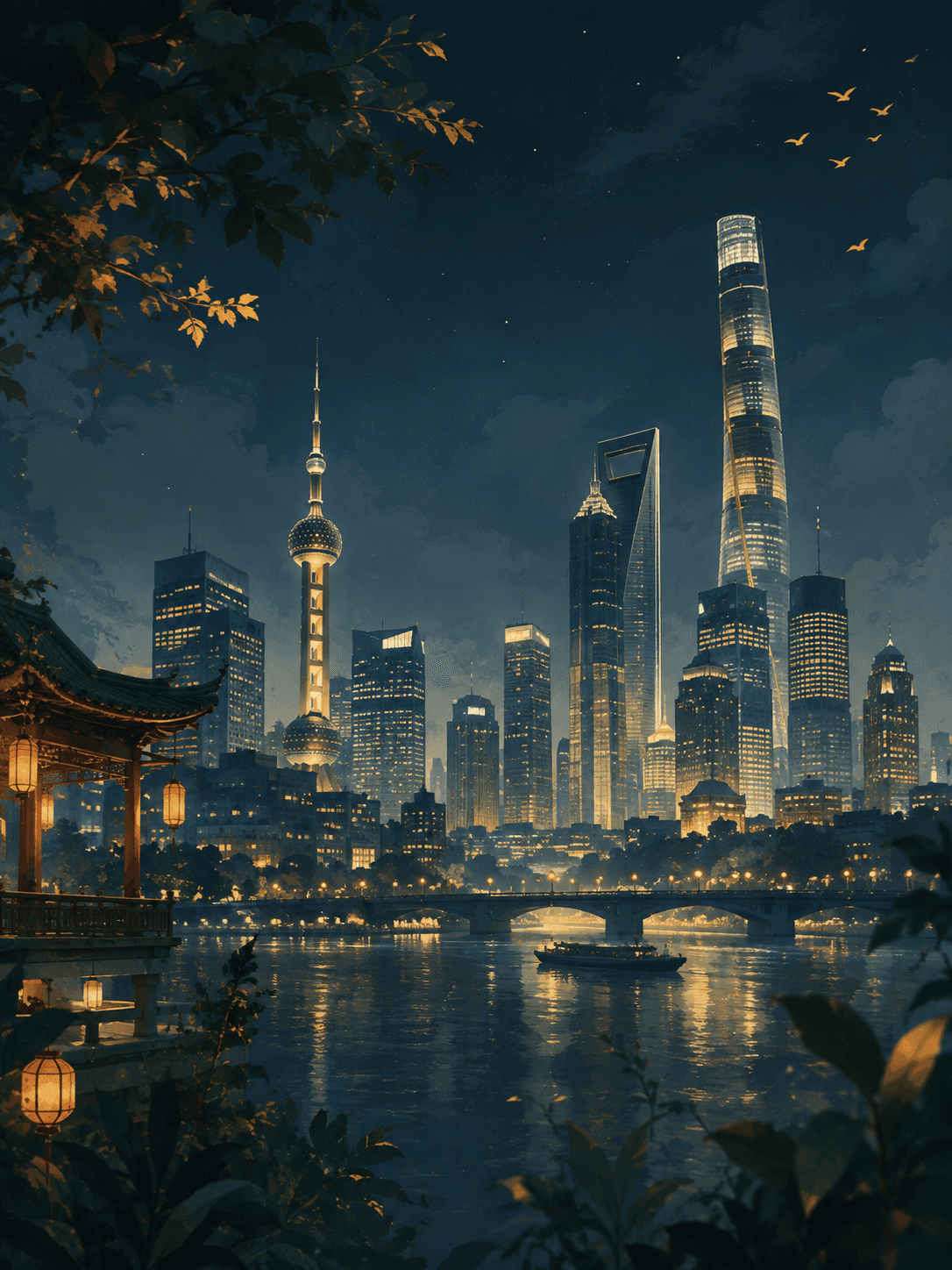 Illustrated Shanghai skyline at night beside the water.