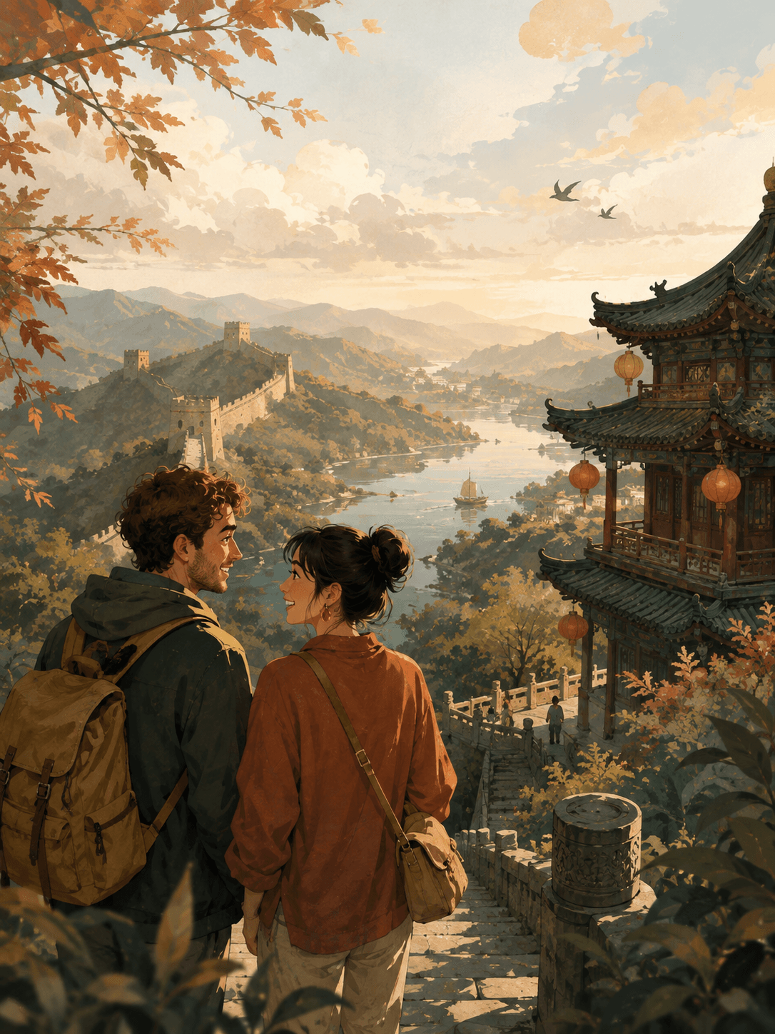 Illustration of two travelers looking over a mountain path and pavilion.