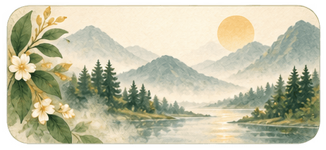 A framed mountain valley illustration for a story to follow.